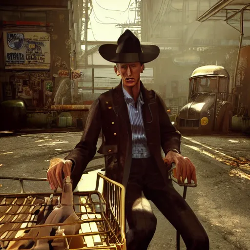 Image similar to nick valentine is sitting in a shopping cart, realism, proportions, 1 6 f, stylization for fallout 4