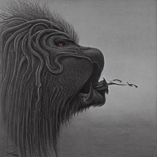 Prompt: a creature with the body and eyes of a man, with the beak of an eagle, the mane of a lion, and the horns of an ox. drawn by zdzislaw beksinski and giger, dark blue