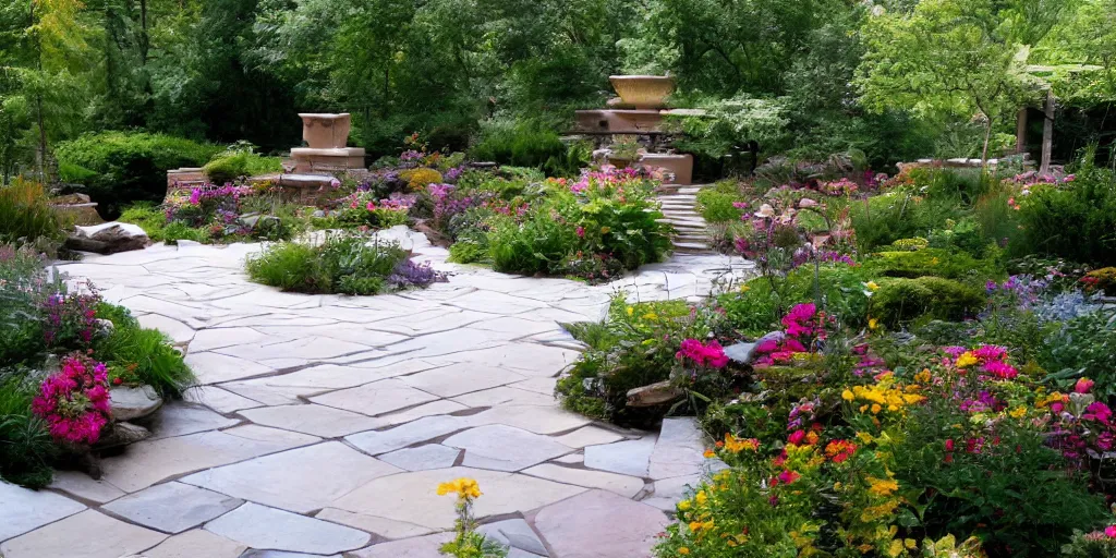 Image similar to small award winning patio designed by frank lloyd wright, with award winning stone work, lots of plants and flowers, on a sunny day, photo