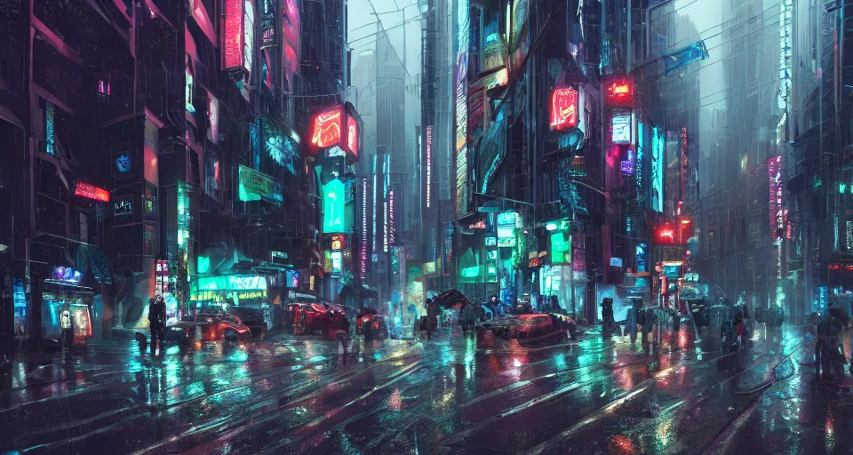 Image similar to crowded rainy cyberpunk city, street scene, street level, hyperdetailed, artstation, cgsociety, 8k