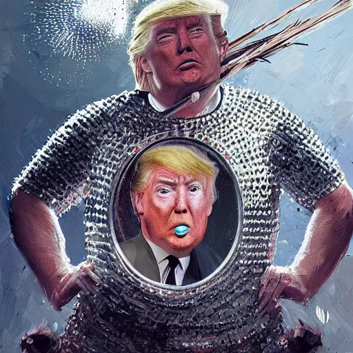 Prompt: eyes face nose mouth ears portrait of Donald Trump wearing chainmail whilst twirling a spear ismail inceoglu ishbel myerscough