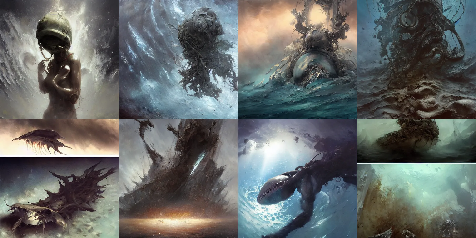 Prompt: photorealistic emotionally evoking symbolic metaphor art Krenz Cushart, photorealistic emotionally evoking symbolic metaphor art Artem Demura, photorealistic emotionally evoking symbolic metaphor art Greg Tocchini,Millennia ago, mankind fled the earth's surface into the bottomless depths of the darkest oceans. Shielded from a merciless sun's scorching radiation, the human race tried to stave off certain extinction by sending robotic probes far into the galaxy to search for a new home among the stars