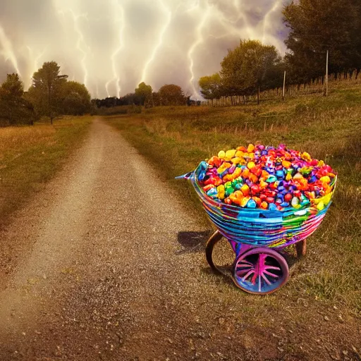 Image similar to super colorful pop rock candy, fruit stand on the side of a country dirt road, dramatic lighting, cinematic lighting, partly cloudy, 8 k, 4 k, trending on artstation cgsociety, octane ue 5