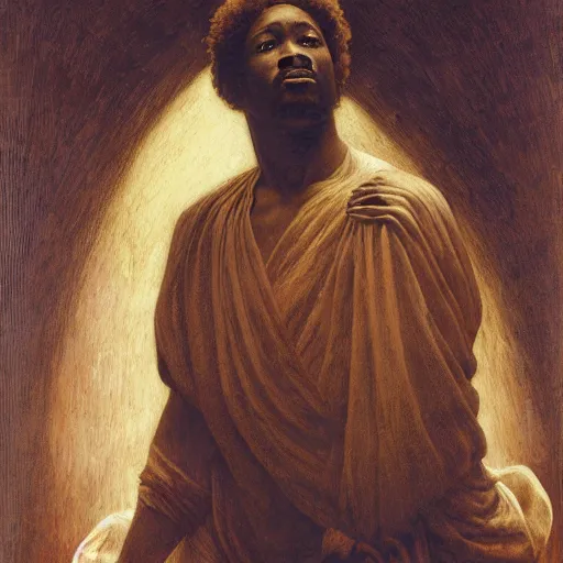 Image similar to masterpiece black man with curly hair sculpture from islamic civilization, by annie swynnerton and diego rivera and nicholas roerich and jean delville and charlie bowater, symbolist, dramatic lighting, god rays, art brut, rich colors, smooth sharp focus, extremely detailed, adolf wolfli and ( donato giancola and bilibin )