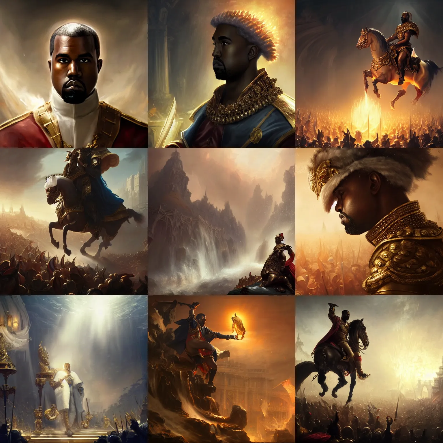 Image similar to Kanye West as emperor napoleon, League of Legends amazing splashscreen artwork, splash art,natural light, elegant, intricate, fantasy, atmospheric lighting, by Greg rutkowski, league of legends splash art, hd wallpaper, ultra high details