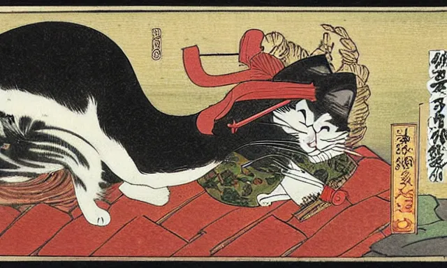 Prompt: cat samurai smoking a pipe with cannabis leaf background, in the style of utagawa kuniyoshi, japanese woodblock, classical japanese art, traditional japanese art, kitty, cat, neko, weed, marijuana, cannabis, highly detailed, award winning, dark, gritty, ink and watercolor