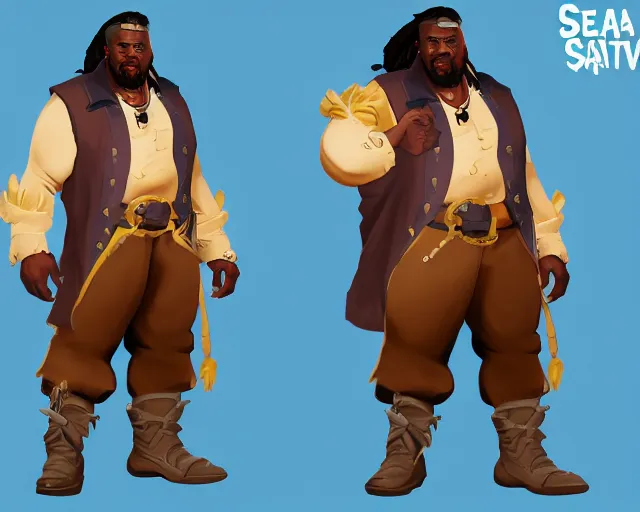 Image similar to sea of thieves character portrait concept art for a huge hulking muscular african american man wearing a blue jacket shirt pants and boots with a pegleg, cgsociety, trending on artstation, character sheet, model sheets, angles, reference, rare ltd,