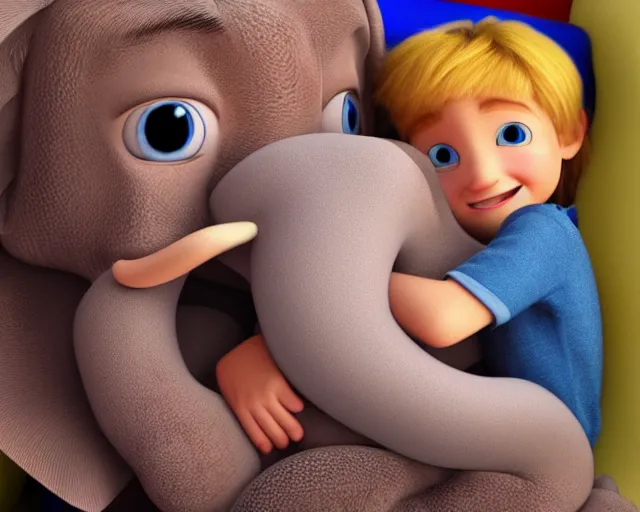 Prompt: detailed cartoon portrait of a little boy hugging his elephant pillow, pixar, sharp high quality