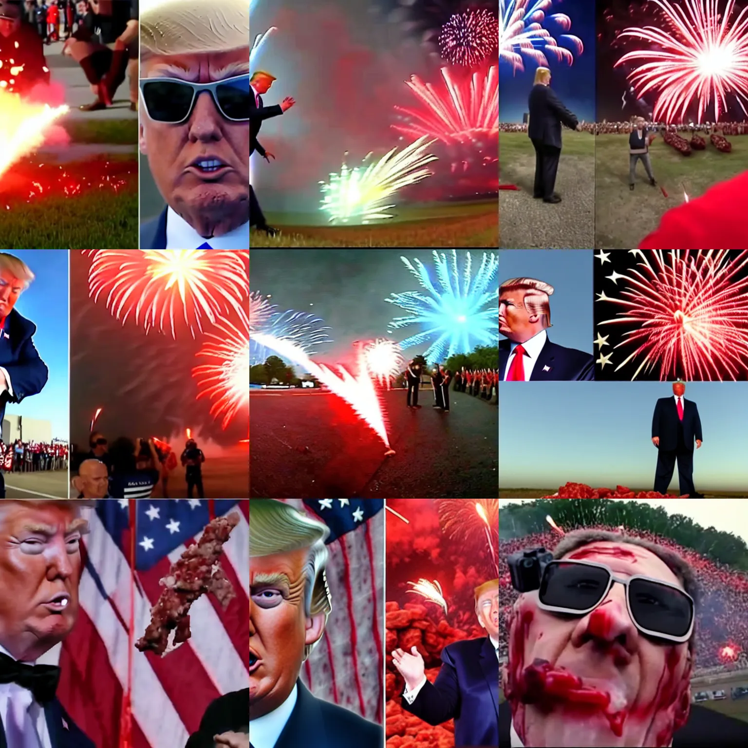 Prompt: gopro footage of trump getting mangled by a firework, blood and bone, ground meat