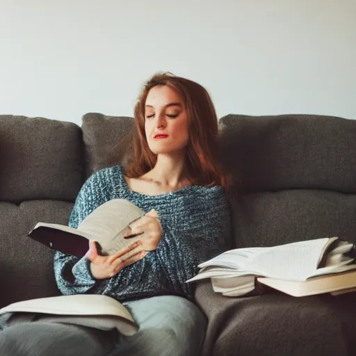 Prompt: a woman curled up on the couch with a blanket and a good book