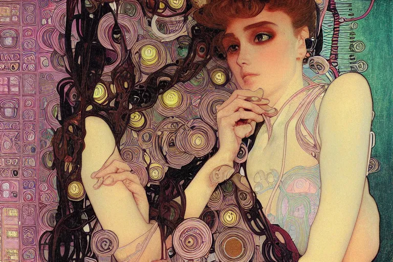 Prompt: symmetric, a dark woman android in a pastel pink dress, in a room full of neural networks and wires and computers, dark sci - fi, ai, 4 k realistic, artem demura. alphonse mucha, gustav klimt.