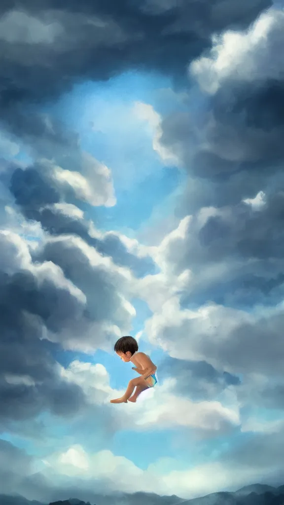 Image similar to A boy swimming in the clouds, volumetric lightin, highly detailed, digital painting, artstation, concept art, smooth, sharp focus, blue sky, sunshine