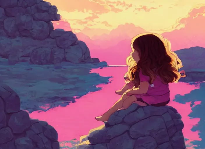 Image similar to little girl with short wavy curly light brown hair sitting on a rock. background pink and blue sunrise sky. clean cel shaded vector art. shutterstock. behance hd by lois van baarle, artgerm, helen huang, by makoto shinkai and ilya kuvshinov, rossdraws, illustration, art by ilya kuvshinov