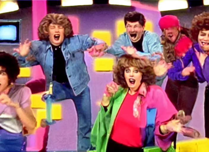 Image similar to a broadcast still of a 8 0 s game show and contestants playing crazy games