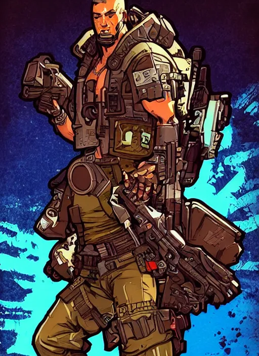 Prompt: buff cyberpunk mercenary. portrait illustration, pop art, splash painting, art by ashley wood, alphonse mucha, laurie greasley and josan gonzales ( apex legends )