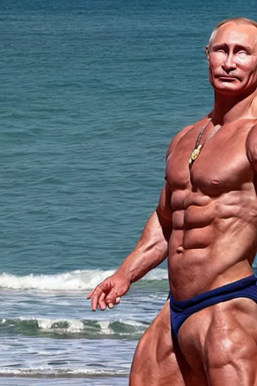 Prompt: Putin on a beach with muscles, full character, hyper realistic, highly detailed