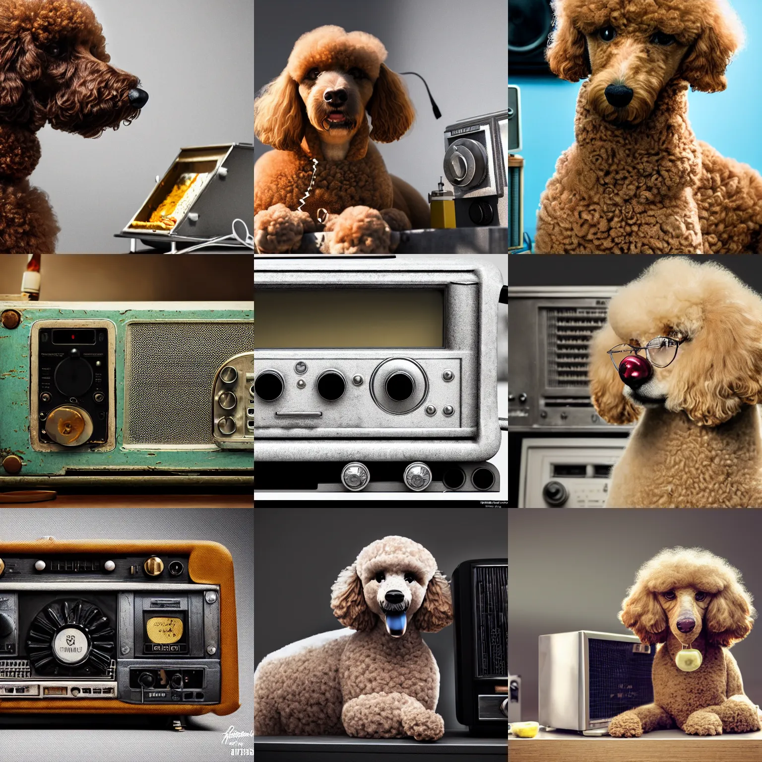 Prompt: a closeup photorealistic photograph of a poodle sitting next to an old radio while eating from a jar of mustard. This 4K HD image is Trending on Artstation, featured on Behance, well-rendered, extra crisp, features intricate detail and the style of Unreal Engine.