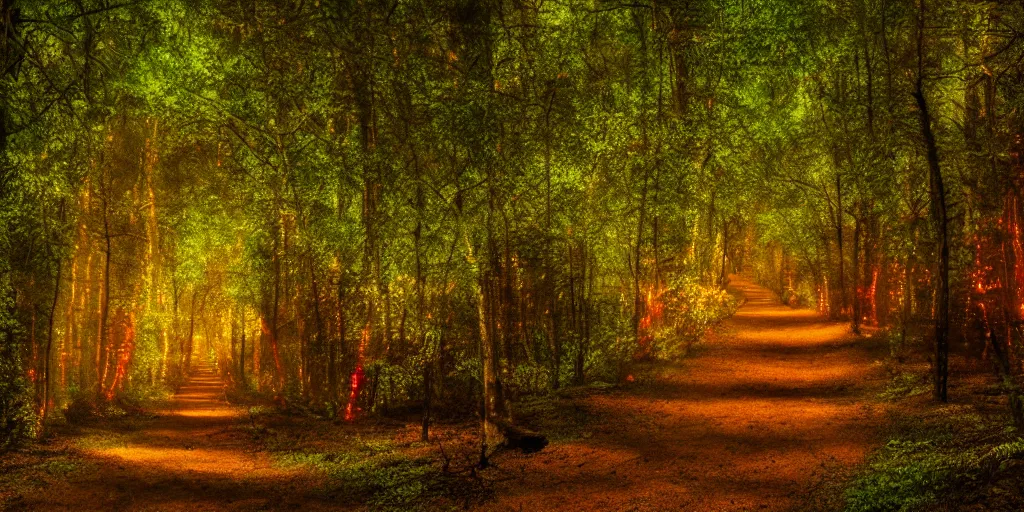 Image similar to The forest path with light lighting it and fireflys, 4k, highly detailed, vivid colors, high definition, Rocha, Andreas