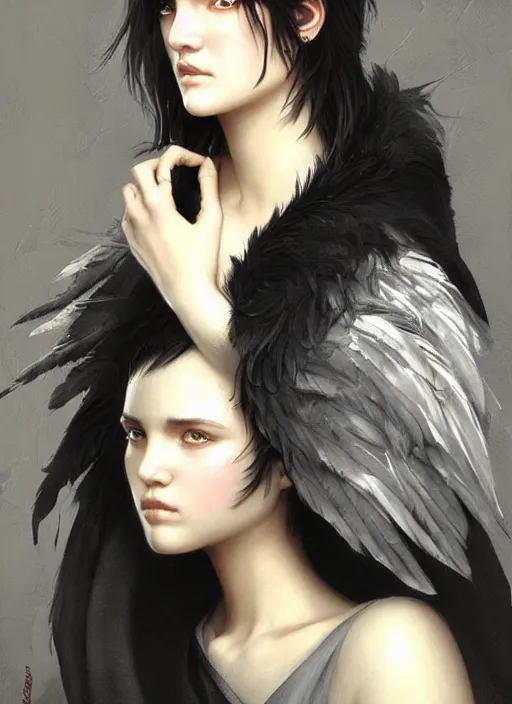 Image similar to a teenage girl with very short black hair and a huge cloak made of grey and black feathers. beautiful highly detailed face. beautiful painting by artgerm and greg rutkowski and raymond swanland