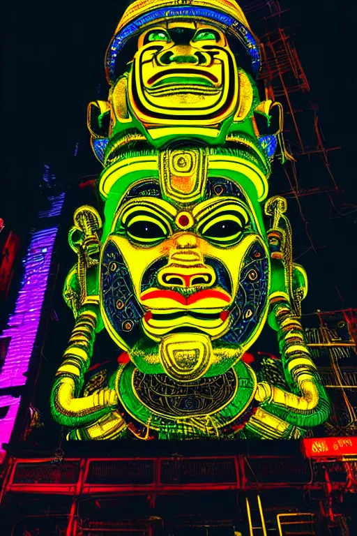 Prompt: high quality photo hyperrealistic cyberpunk hanuman head building, neon yellow madhubani, highly detailed, in sci - fi mumbai, cinematic smooth, liam wong, moody light, low angle, uhd 8 k, sharp focus