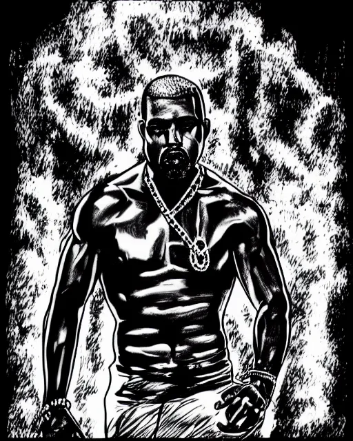 Image similar to Manga black-and-white cross hatching comic book illustration of Kanye West on red background