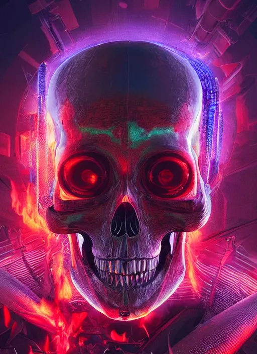 Image similar to a futuristic skull with glowing eyes and a flame fire background, cyberpunk art by android jones, behance contest winner, computer art, darksynth, synthwave, rendered in cinema 4 d