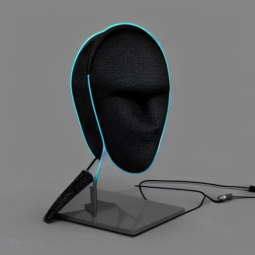 Image similar to headphone stand, futuristic, techno, cyberpunk, product design, 3 d render, concept, fun, swag