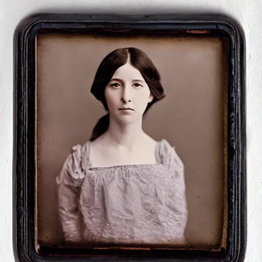 Prompt: portrait of a beautiful young lady with silver eyes, colored daguerreotype, by Mackintosh, rule of thirds, fair complexity, 4k quality