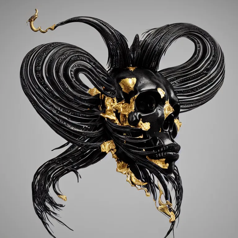 Image similar to black background. absolutely symmetrical sculpture. centered. goddess princess face close-up portrait ram skull. sculpture made of gold and black charcoal. jellyfish phoenix head, nautilus, orchid, skull, betta fish, bioluminiscent creatures, intricate artwork by Tooth Wu and wlop and beeple. octane render, trending on artstation, greg rutkowski very coherent symmetrical artwork. cinematic, hyper realism, high detail, octane render, 8k