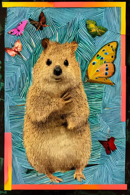 Image similar to detailed illustration, a portrait of a happy quokka on rotttnest island constructed from colored paper, collage, may gibbs, layered composition, layers, texture, textured, layered, sculpted, dynamic, 🦋, 🌱,