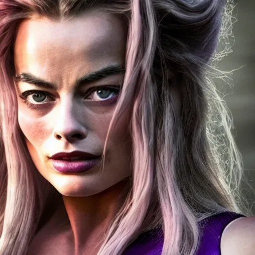 Image similar to an award winning cinematic still of beautiful Margot Robbie Wolverine with long purple hair in , 16k hyper realistic photograph, centered, dramatic lighting