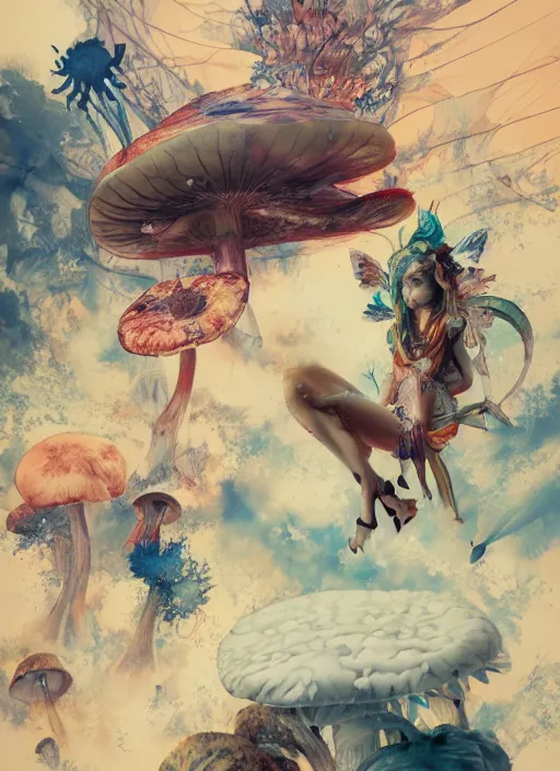 Image similar to surreal gouache painting, by yoshitaka amano, by ruan jia, by Conrad roset, by good smile company, detailed anime 3d render of a wild mushroom Surrounded by a magical dragonfly and a big DJ Mixer, deck, portrait, cgsociety, artstation, rococo mechanical and Digital and electronic, dieselpunk atmosphere