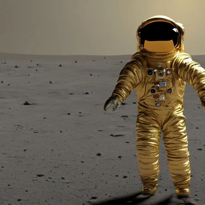 Image similar to a 3 d render of a golden reflective astronaut racecar on the moon, 8 k, realistic, dynamic, artstation, digital art