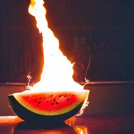 Image similar to photo of a watermelon on fire in a bar