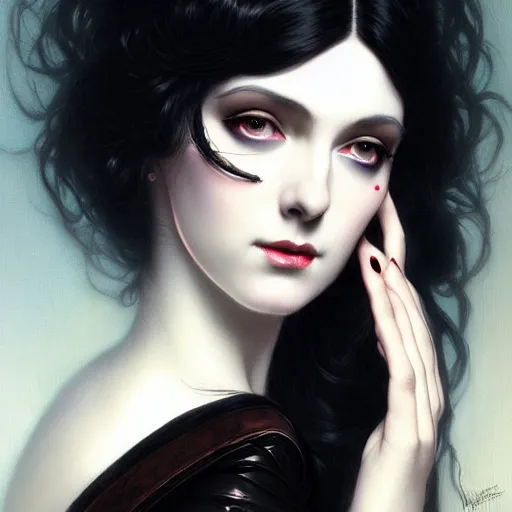 Prompt: beautiful striking Pre-Raphaelite goth Elvira Mistress of the Dark by Artgerm and Greg Rutkowski, pale, intricate, elegant, highly detailed, digital painting