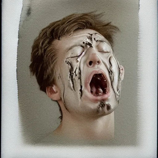 Image similar to a liquid white clay porcelain portrait of a dude face melt down flow go runny, realistic detailed watercolor polaroid, grainy image, contrast