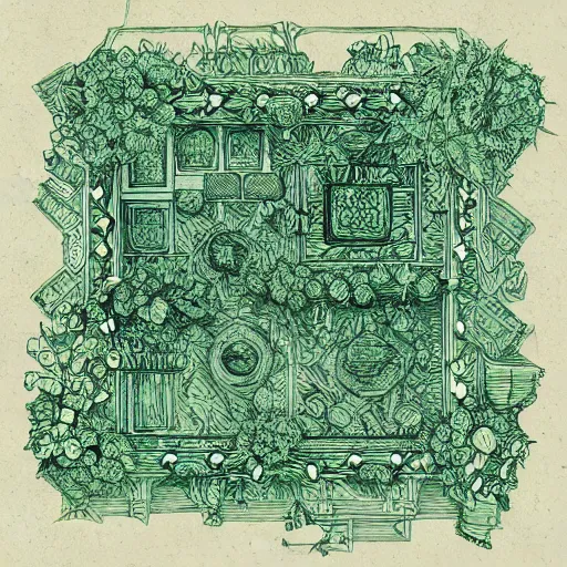 Image similar to annotated highly, detailed and intricate, small square room full of plants, marker concept art style rendering, concept art, half blueprint, trending on artstation, intricate details, center frame, annotations, metalic green, sketch