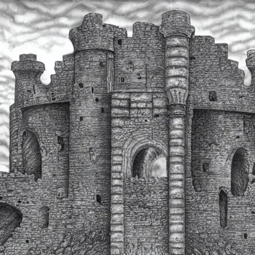 Image similar to ruined castle in the style of kentaro miura, 4 k, 8 k, absolute detailing of even the smallest details and particles, beautiful shadows, beautiful drawing