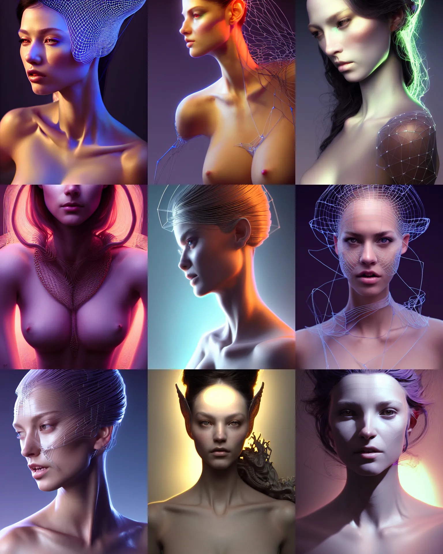 Prompt: beautiful young woman portrait, high poly 3 d glowing wireframe models, overlay of a 3 d wireframe version, textures turned off, ultra realistic, dramatic lighting, intricate details, holographic artifacts, highly detailed by peter mohrbacher, boris vallejo, hajime sorayama, wayne barlowe, paolo eleuteri serpieri