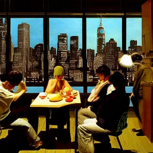 Image similar to cgi jade by michael sowa, by kazuki takamatsu. the art installation shows four people sitting in a diner late at night. the people in the art installation look tired & lonely. the art installation is set in new york city & shows the city's skyline in the background.