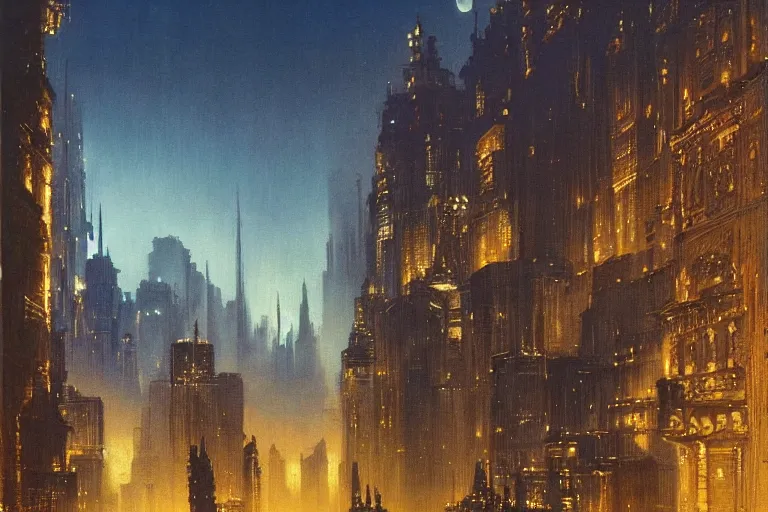 Prompt: city of golden shadows, intricate detailed painting, cityscape, john harris, reflective lighting