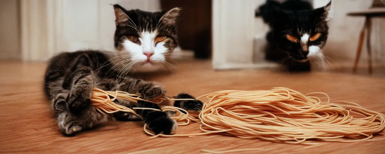 Prompt: 1 single cat playing with spaghetti in an apartment, small details, intricate, sharply focused, canon 5 0 mm, wes anderson film, kodachrome