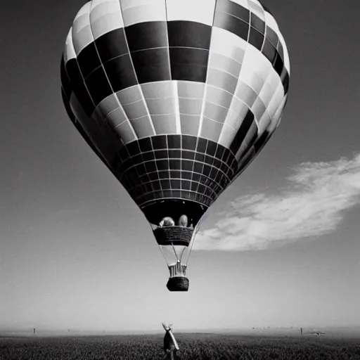 Prompt: Philip Glass riding a hot air balloon wide shot surreal aesthetic