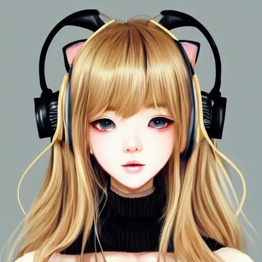 Image similar to realistic beautiful gorgeous natural cute Blackpink Lalisa Manoban blonde hair cute fur blonde cat ears wearing headphones wearing black leather choker in sweaters outfit golden eyes artwork drawn full HD 4K highest quality in artstyle by professional artists WLOP, Taejune Kim, Guweiz, ArtGerm on Artstation Pixiv