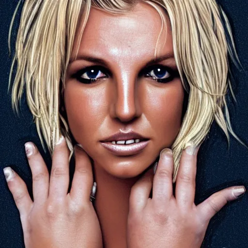 Image similar to portrait of britney spears with his hand on his face, extremely realistic and real, photorealistic, blonde hair and blue eyes, detailed facial structure, real eyes that are detailed