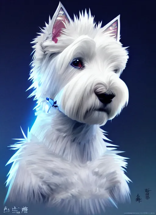Image similar to a west highland white terrier, anime art style, wearing futuristic, led - lit armor, and a cannon mounted on his back, portrait, high detail, sharp focus, digital painting, artstation, concept art, art by hayao miyazaki and artgerm and greg rutkowski and alphonse mucha.