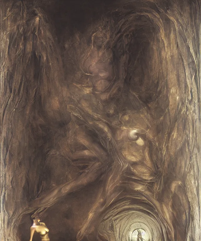 Image similar to The dark room without doors and windows with beautiful full-body wax sculpture of the glowing transparent woman with visible golden bones inside her in the singularity where stars becoming baroque folds of dark matter by Michelangelo da Caravaggio, Nicola Samori, William Blake, Alex Grey and Beksinski, dramatic volumetric lighting, super detailed oil painting, 8k, masterpiece