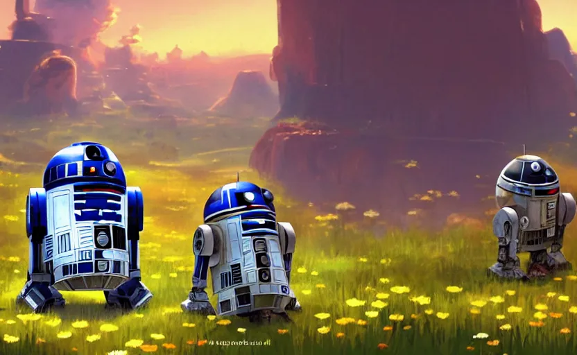 Image similar to R2D2 and Wall-e are traveling together. Fantastic anime sunny meadow with flowers, lone old Oak in the middle plane and mountains on the background, by Hayao Miyazaki, Nausicaa, Ghibli, Breath of the wild, Anime wallpaper