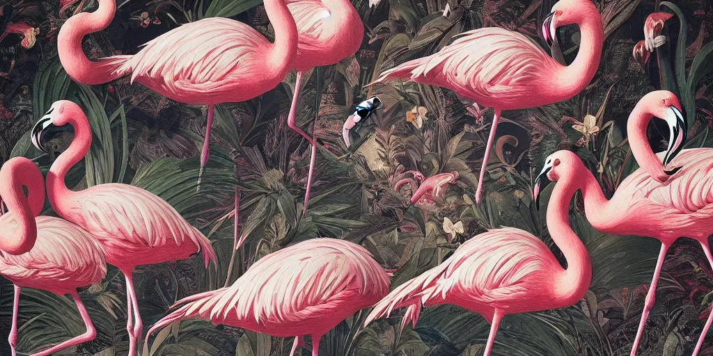 Image similar to breathtaking detailed concept art painting art deco pattern of birds, flamingos, amalmation blend of flowers and birds, by john james audubon, bizarre compositions, exquisite detail, extremely moody lighting, 8 k