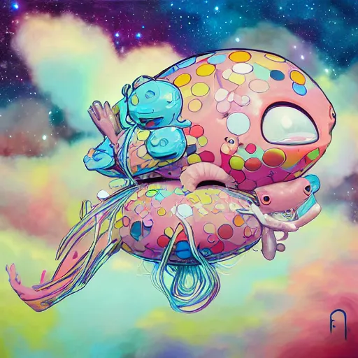 Image similar to axolotl by takashi murakami,, beeple and james jean, aya takano color style, 4 k, super detailed, night sky, digital art, digital painting, celestial, majestic, colorful